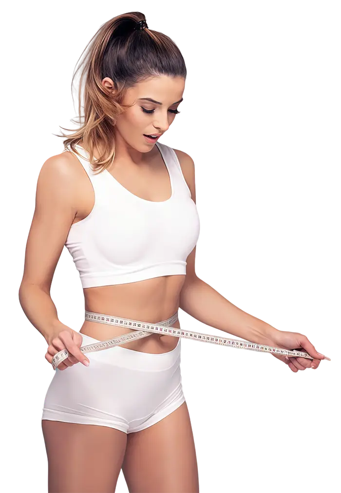 Woman measuring her waist with a tape measure, representing body contouring results.